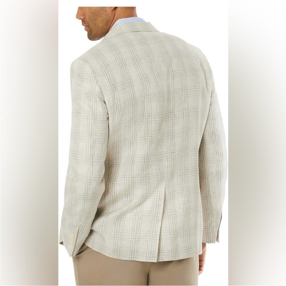 Lauren Ralph Lauren Linen Sport Coats Mens 38R UltraFlex Tan Blue Plaid - Picture 2 of 13